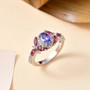 tanzanite pink tourmaline and zircon ring in rhodium over sterling silver shown in a lifestyle photo