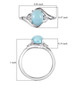 larimar and moissanite three stone ring in rhodium over sterling silver shown for size comparison