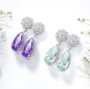 full view of amethyst or prasiolite halo dangle earrings in rhodium over sterling silver