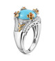 side view of turquoise fire opal and zircon two-tone ring in 18k yellow gold and rhodium over sterling silver