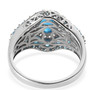 back view of blue apatite and white zircon halo ring in rhodium over sterling silver