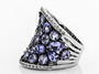 side view of tanzanite and white zircon wide band cluster ring in black and white rhodium over sterling silver