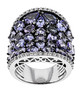front view of tanzanite and white zircon wide band cluster ring in black and white rhodium over sterling silver