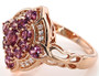 side view of rhodolite garnet and white zircon cluster ring in 18k rose gold over sterling silver