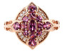 front view of rhodolite garnet and white zircon cluster ring in 18k rose gold over sterling silver