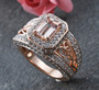 morganite and zircon ring in 18k rose gold over sterling silver shown in a lifestyle photo