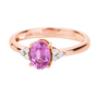 angled view of pink sapphire and diamond ring in solid 14k rose gold