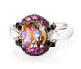 front view of mystic quartz rhodolite garnet smoky quartz and zircon ring in rhodium over sterling silver