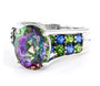 front view of mystic topaz chrome diopside and lab blue spinel bridge ring in rhodium over sterling silver