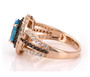 side view of blue brown and white cz ring in 18k rose gold over sterling silver