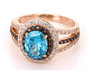 front view of blue brown and white cz ring in 18k rose gold over sterling silver