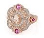 front view of morganite lab pink sapphire and zircon cluster ring in 18k rose gold over sterling silver