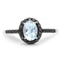 front view of aquamarine and black diamond oval halo ring in solid 10k white gold