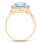 side view of sky blue topaz tanzanite and diamond halo ring in solid 10k yellow gold