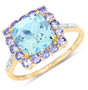 front view of sky blue topaz tanzanite and diamond halo ring in solid 10k yellow gold