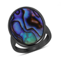 full view of abalone shell oval bezel solitaire ring in rhodium over sterling silver