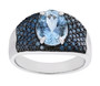 front view of aquamarine and blue diamond ring in black and white rhodium over sterling silver