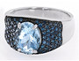 angled view of aquamarine and blue diamond ring in black and white rhodium over sterling silver