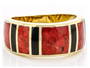 front view of red coral and black onyx band ring in 18k yellow gold over sterling silver