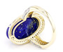 back view of lapis lazuli and white zircon halo ring in 10k yellow gold