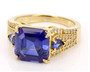 front view of lab blue and white sapphire ring in 18k yellow gold over sterling silver