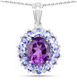 amethyst and tanzanite oval halo pendant necklace in rhodium over sterling silver