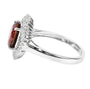 full view of rubellite tourmaline and diamond halo ring in solid 14k white gold