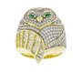 white cubic zirconia and lab green spinel owl ring in 18k yellow gold over sterling silver