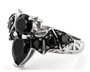 front view of black spinel bat ring in rhodium over sterling silver