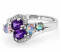 front view of amethyst opal and zircon bypass ring in rhodium over sterling silver