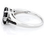 side view of black spinel and white zircon ring in rhodium over sterling silver