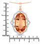 morganite and diamond halo pendant necklace in solid 14k rose gold shown for size comparison