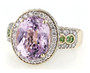 front view of kunzite tsavorite garnet and diamond ring in 14k yellow gold