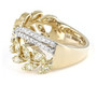 side view of yellow and white diamond crossover band ring in 14k yellow gold