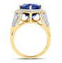 side view of tanzanite and diamond trillion halo ring in solid 14k yellow gold