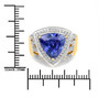 tanzanite and diamond trillion halo ring in solid 14k yellow gold shown for size comparison