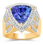 angled view of tanzanite and diamond trillion halo ring in solid 14k yellow gold