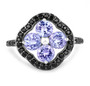 front view of tanzanite and black spinel cluster halo ring in rhodium over sterling silver