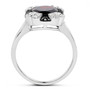 side view of black garnet black spinel and white topaz halo ring in rhodium over sterling silver