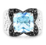 front view of sky blue topaz and black spinel openwork ring in rhodium over sterling silver