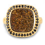 front view of druzy quartz and black spinel halo ring in 14k yellow gold over sterling silver