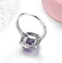 back view of amethyst and white zircon halo ring in rhodium over sterling silver