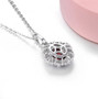 back view of rhodolite garnet and white zircon halo pendant necklace in rhodium over sterling silver