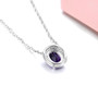 back view of amethyst and white zircon halo necklace in rhodium over sterling silver
