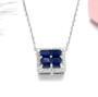 side view of blue sapphire and white zircon square necklace in rhodium over sterling silver