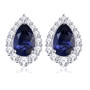 full view of aquamarine and white zircon halo stud earrings in rhodium over sterling silver