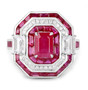 front view of ruby and white diamond vintage inspired halo ring in solid 14k white gold