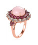 side view of pink opal rhodolite garnet and zircon halo ring in 18k rose gold over sterling silver