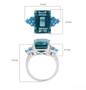 blue fluorite and neon apatite ring in rhodium over sterling silver shown for size comparison