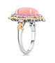 side view of pink opal and sapphire halo ring in 18k yellow gold and rhodium over sterling silver